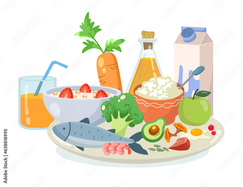 Healthy meal for breakfast or dinner vector illustration. Fruits ...