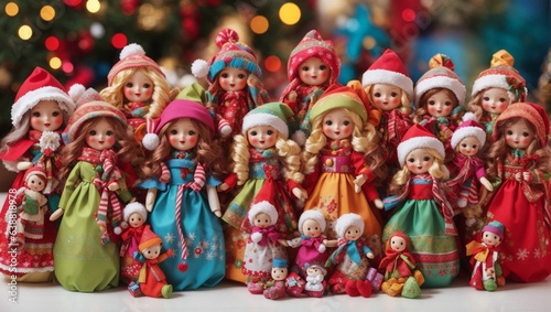  A gathering of happy and colorfulc hristmas dolls photo
