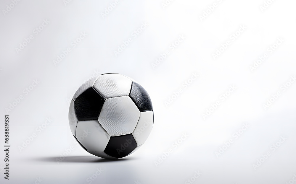 Leather soccer ball with black inserts isolated on white background with copy space