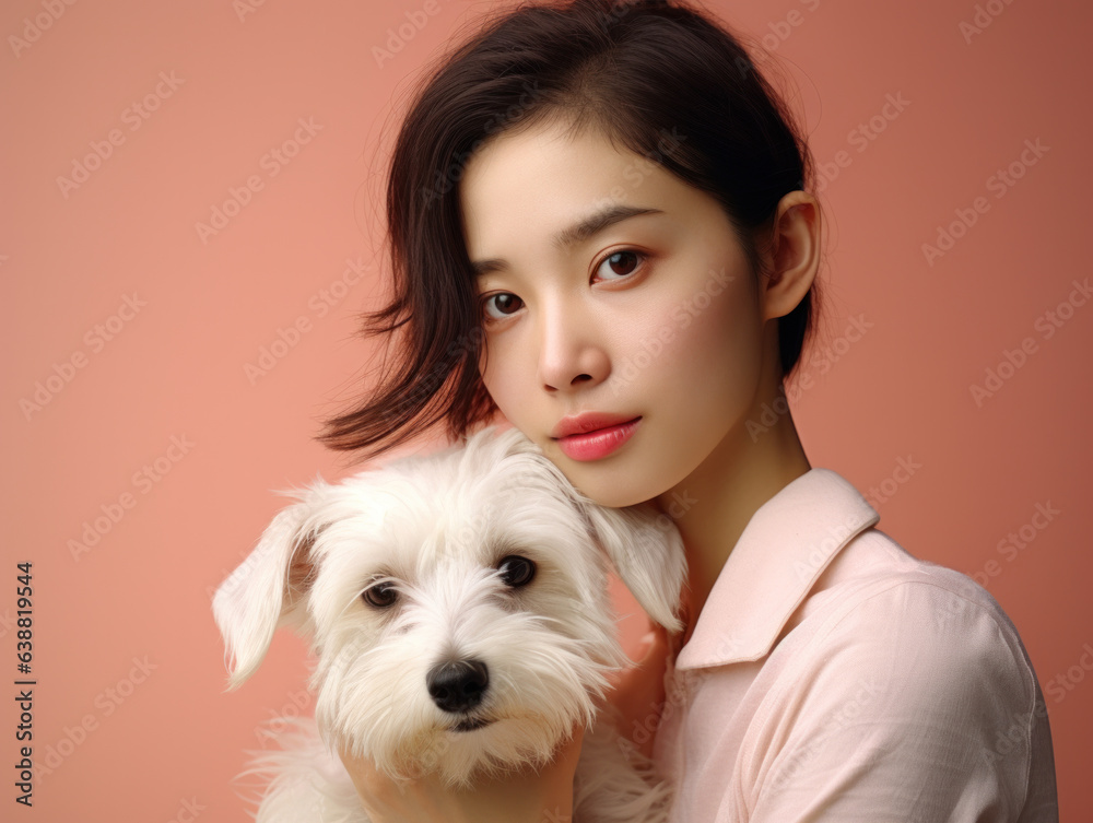 Beautiful and confident young woman with brown hair holding her beloved small pet white fur dog dog, shot on crushed apricot studio background. Beautiful and confident young woman with brown hair holding her beloved small pet white fur dog dog, shot on crushed apricot studio background.