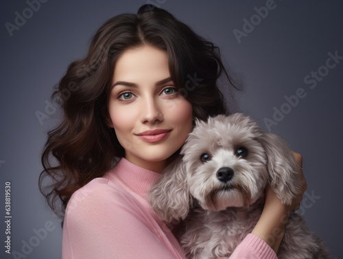 Beautiful and confident young woman with brown hair holding her beloved small grey fur dog on blue studio background.