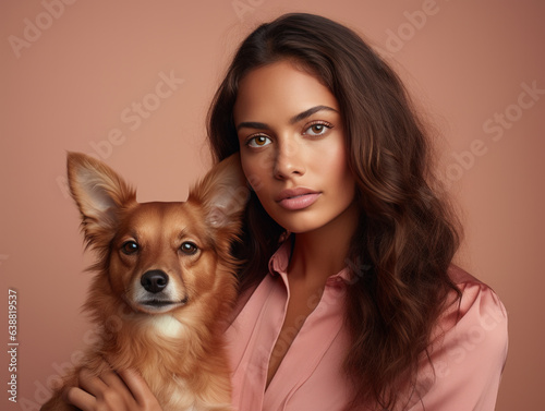 Beautiful and confident young woman with brown hair holding her beloved small pet dog.