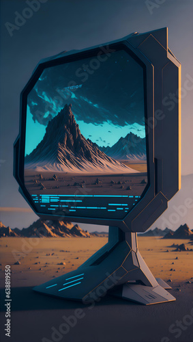 A large futuristic monitor standing in the desert