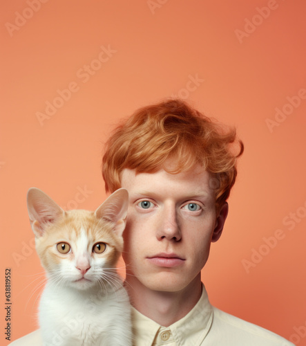 Handsome and confident young man with red hair holding her beloved small ginger fur cat on apricot crush studio background