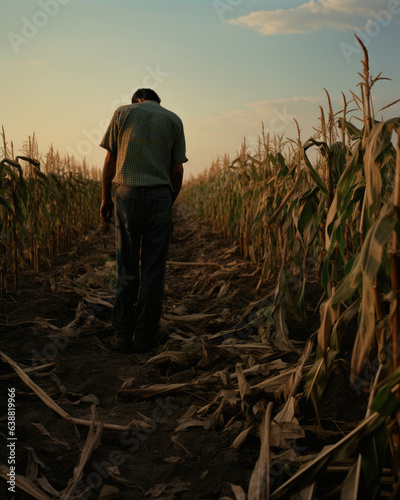 Man in the field of dying crops at harvest