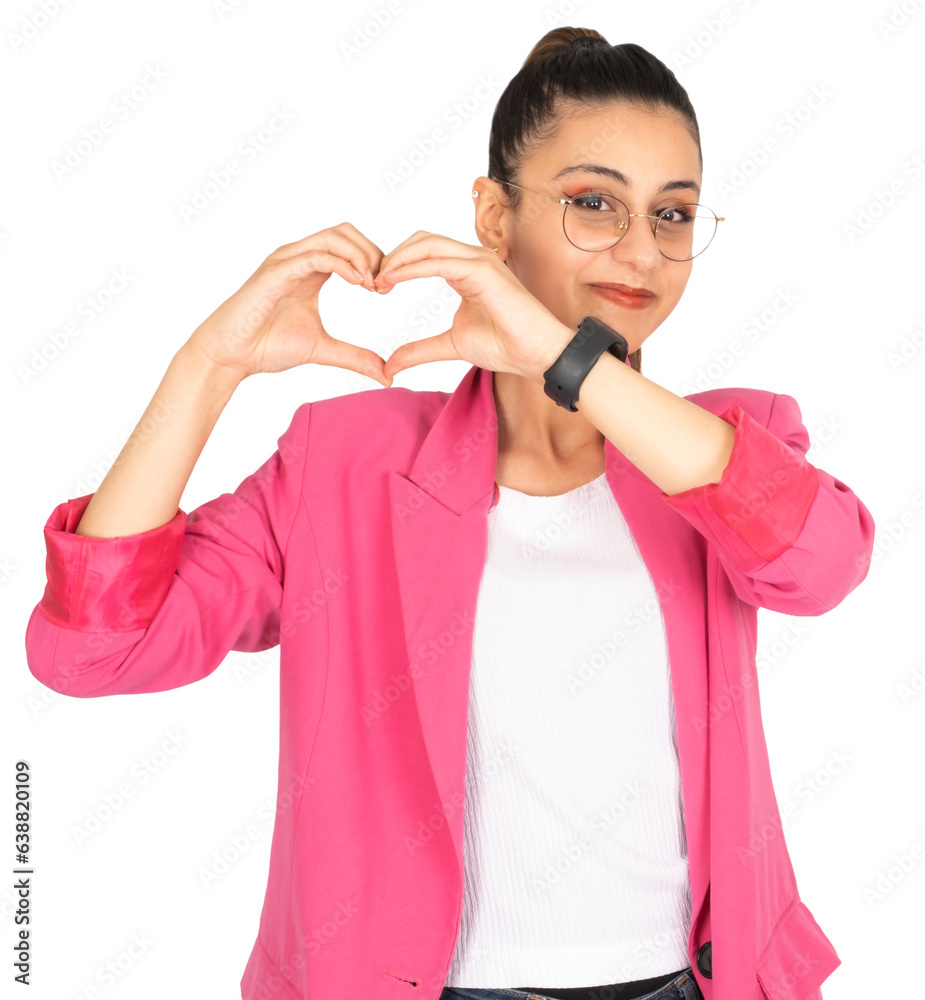 Showing shape heart with hands, young cute brunette business woman showing shape heart with hands. Wearing pink formal jacket. Transparent png background copy space. People lifestyle love concept Showing shape heart with hands, young cute brunette business woman showing shape heart with hands. Wearing pink formal jacket. Transparent png background copy space. People lifestyle love concept