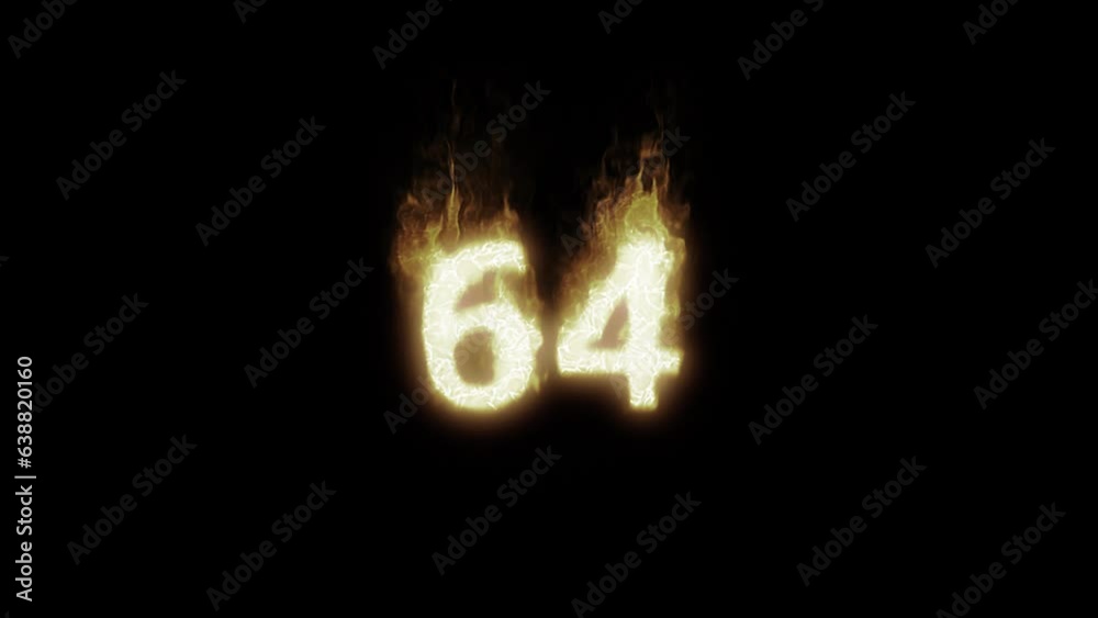 Burning Number 64. Fire Number. Alpha Channel. Transparent Background