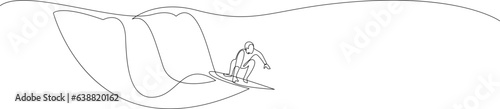 Continuous one line drawing of man surfing a big wave. Single line drawing surfer design. Vector illustration.