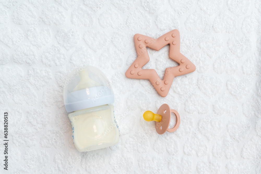 Top-down showcase of newborn items on white with space Top-down showcase of newborn items on white with space