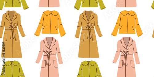 Seamless pattern with hand drawn colorful female overcoats on white background in flat style. For background, packaging, textile