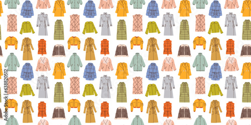 Seamless pattern with hand drawn colorful different outerwear on white background in flat cartoon style. Jacket, trench, coat, vest, bomber. Female clothes. For background, packaging, textile photo