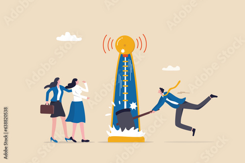 Strength tester for performance evaluation, KPI key performance indicator to measure success, achievement or winning score concept, businessman hit strength tester with big hammer to reach top.