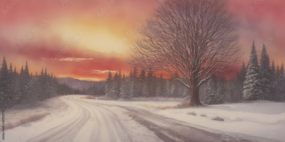Snow road in country side. AI generated illustration