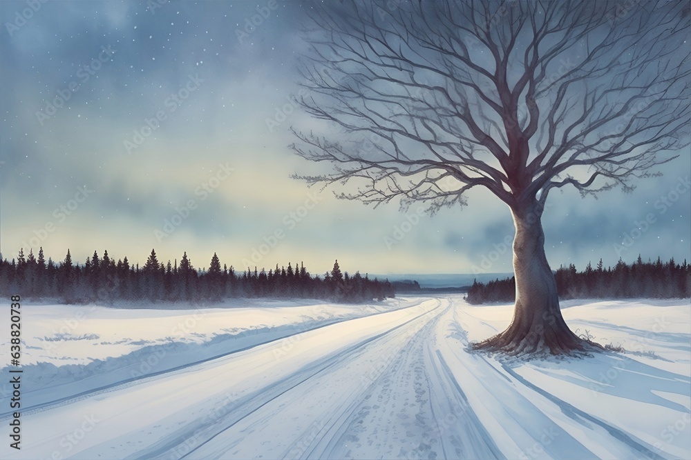 Snow road in country side. AI generated illustration Snow road in country side. AI generated illustration