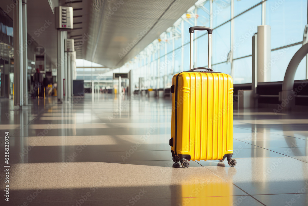 Air travel vibes Yellow suitcase in the blurred interior of a terminal. AI Generative touch enhances the contemporary concept of airports and vacations.