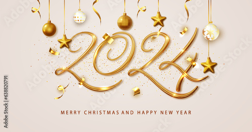 2024 New Year banner. Festive season with a Christmas and New Year banner adorned with 3D gold 2024 numbers and hanging ornaments. Vector illustration for winter holiday decorations