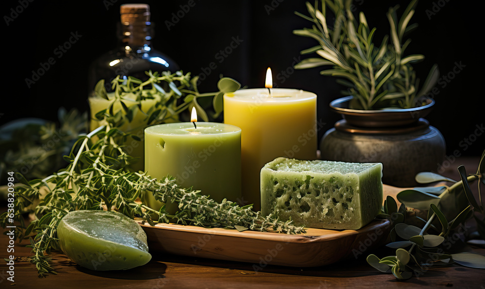 Aromatherapy, still life with herbs, oils, candles, soap.