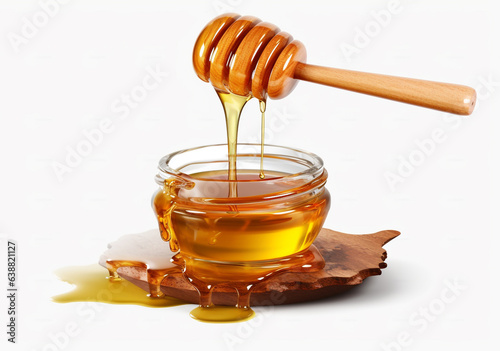 Dripping meadow organic natural honey from wooden dipper into a pot on pure raw sweet goodness isolated on a transparent background generative Ai
