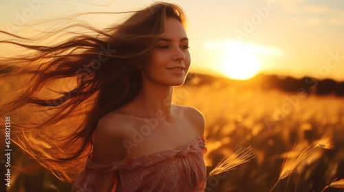 Freedom And Healthy Concept - Beautiful Young Girl Against Sunset generative Ai