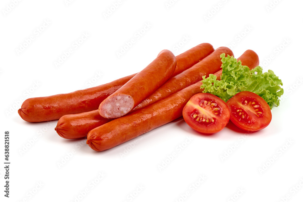Smoked Hot dog sausages, isolated on white background. High resolution image. Smoked Hot dog sausages, isolated on white background. High resolution image.