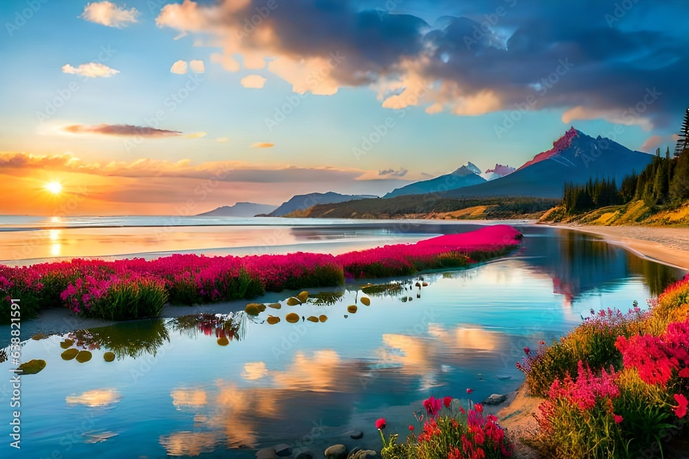 Such a peaceful ocean view with colorful flowers and mountains reflection in ocean's water. Generated Ai