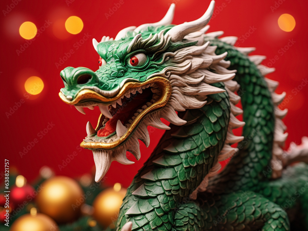 Scary oriental green dragon close-up on a red Christmas background