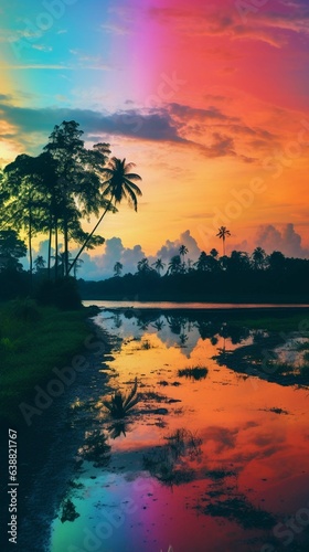 Tropical landscape with coconut trees and reflection in the lake. Ai generated.