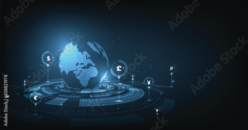 Global currency exchange concept. Global network connection.Money transfer. Foreign exchange, Payment mechanism, Global Currency. Vector Illustration.