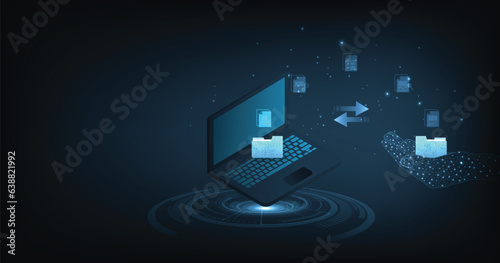 Document management and Data transfer through cloud technology. Exchange data with modern internet technology on a dark blue background. Files data system relocation concept.