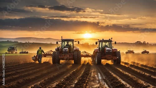 two tractor ploughing the field over the sunset
