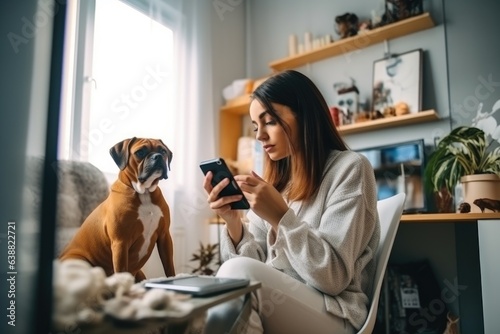 woman, thinking and phone with dog in home for social media website browsing