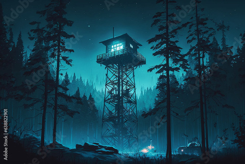 Firewatch tower middle of the forest ai generated art photo