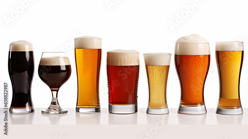 Different beers in glasses with foamy tops and condensation. A variety of beers in glass glasses. Craft beer set on a white background. Different kinds of beer on white background.