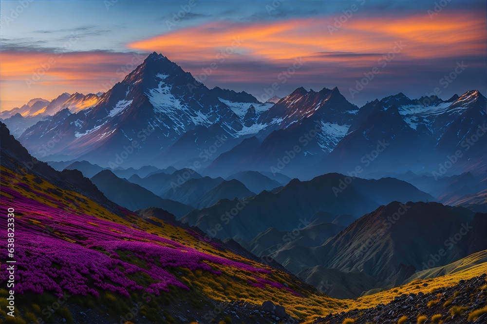 Photo of a mountain range covered in purple flowers at sunset