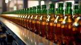Glass bottles on the conveyor. Modern beverage production. Bokeh. Selective focus. Design for beverage advertising. Green glass bottles without labels on the conveyor.