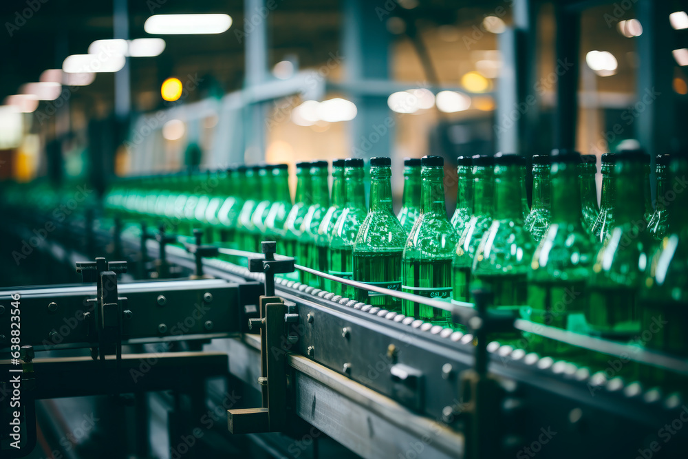 Conveyor belt with bottles, drink production line process