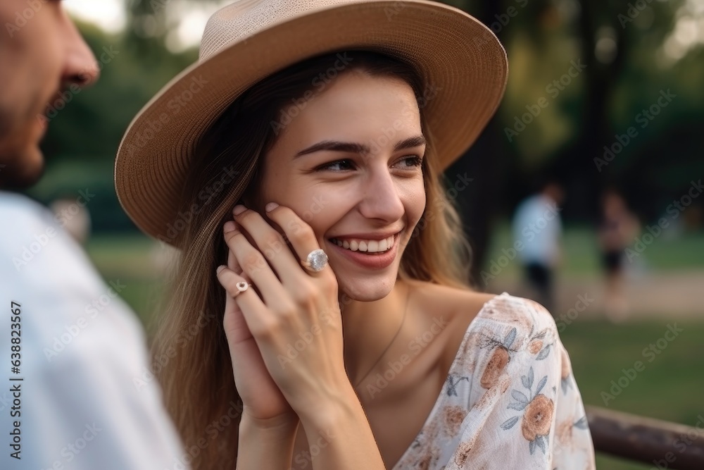 couple, nature and engagement ring with a woman in park on an outdoor date while happy