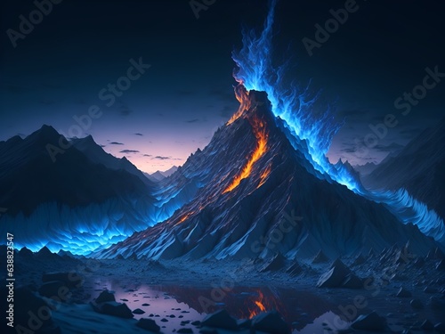 Photo of a mountain engulfed in vibrant blue and orange flames