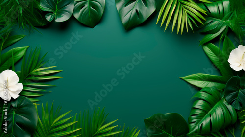 Top view exotic tropical leaves on a green background