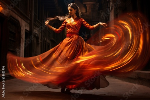 a Kathak dancer in her opulent red and gold attire. Her spinning motion, accentuated by her flared skirt and the long exposure technique, creates an ethereal, almost flame-like visual spectacle agains