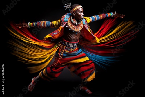 the dynamic jumps of a Maasai warrior dance. The shades of red, blue, and yellow from their traditional attire create vibrant streaks in mid-air, a result of the long exposure technique