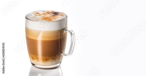 Glass cup of coffee latte isolated on white background with space for text. 