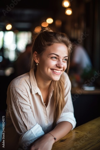 smiling young woman sitting in a coffee shop, waiting for her order © Natalia