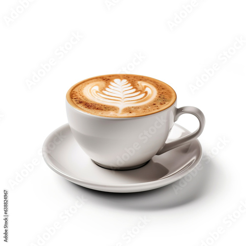 White cup with cappuccino on white background. Coffee drink with Latte art. Coffee composition for the cover, logo, menu. 