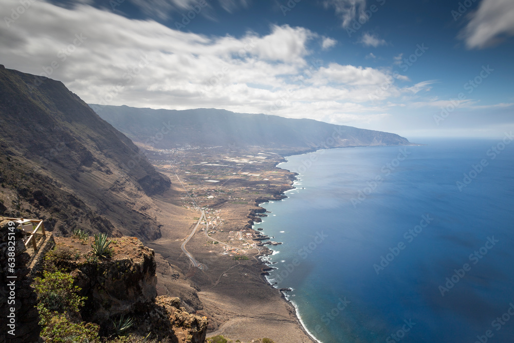 Viewpoint Mirador de la Pena with view over La Frontera and El Golfo valley on the island of El Hierro, Canary Islands, Spain.