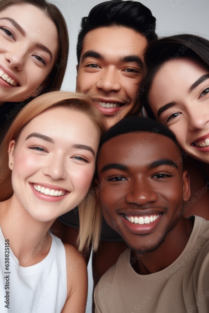cropped shot of a diverse group of friends taking selfies together against a grey background cropped shot of a diverse group of friends taking selfies together against a grey background