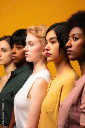 cropped portrait of a diverse group of women standing in line against a yellow background