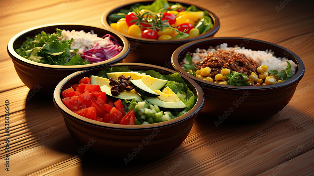 Fast Food Bowls, customizable and healthy fast food bowls, featuring fresh ingredients, vibrant colors, and enticing textures. AI generative