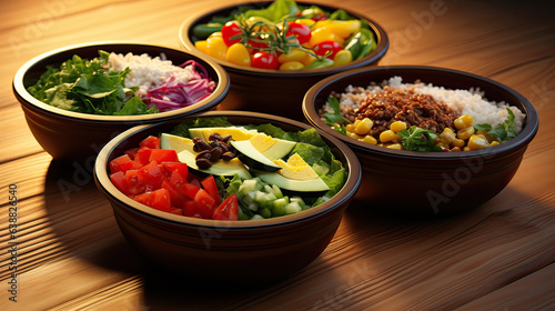 Fast Food Bowls, customizable and healthy fast food bowls, featuring fresh ingredients, vibrant colors, and enticing textures. AI generative