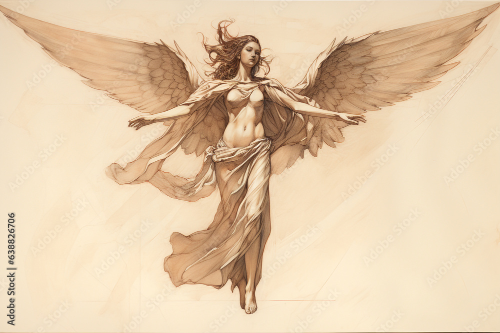 Culture and religious concept. Paper pencil or charcoal sketch of an angel on yellow aged and grunge paper. Beautiful woman portrait with wings. Generative AI - obrazy, fototapety, plakaty 